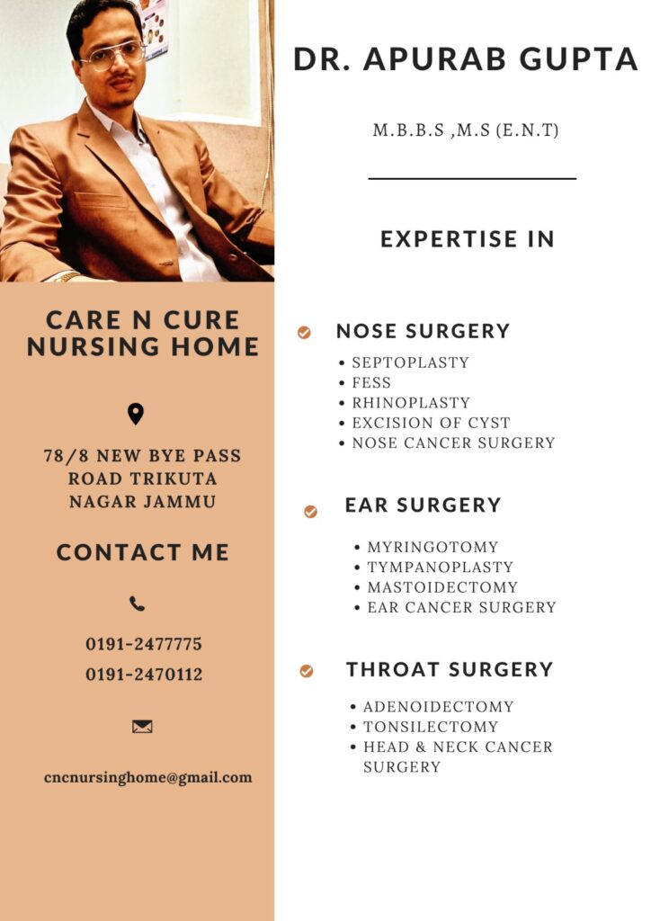 Dr. Apurab Gupta CNC Hopsital Jammu, CarenCureNusringHome in Jammu, MBBS. M.S (E.N.T)Doctos In Jammu, Specialist Doctors in Jammu Hospital