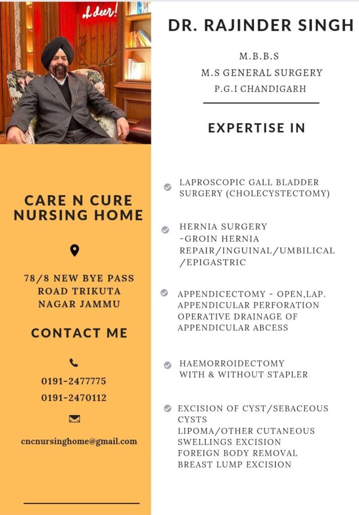 Dr. Rajinder Singh CNC Hopsital Jammu, CarenCureNusringHome in Jammu, MBBS. M.S General Surgery Doctos In Jammu, Specialist Doctors in Jammu Hospital