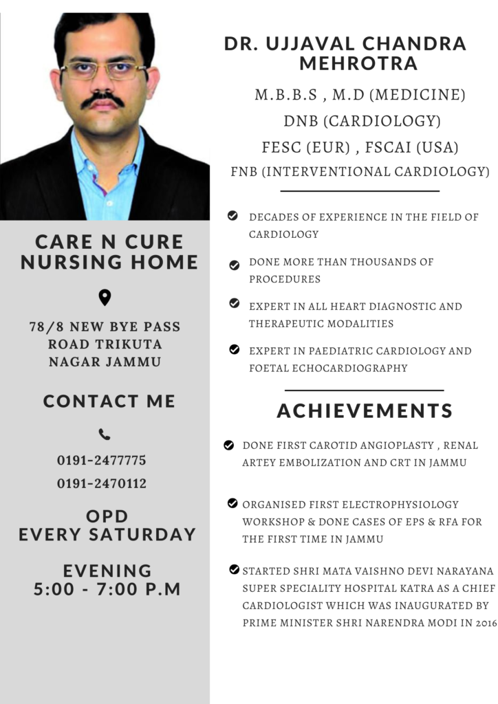 Dr. Ujjval Chandra CNC Hopsital Jammu, CarenCureNusringHome in Jammu, MBBS, M.D (Medicine TNV) Doctos In Jammu, Specialist Doctors in Jammu Hospital